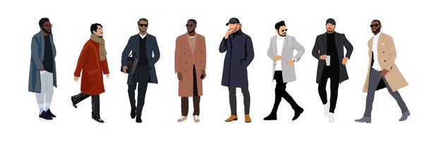  Set of elegant businessmen wearing stylish coats standing and walking. Collection of handsome male characters different races full length. Vector flat realistic illustration isolated. - Vector, Image