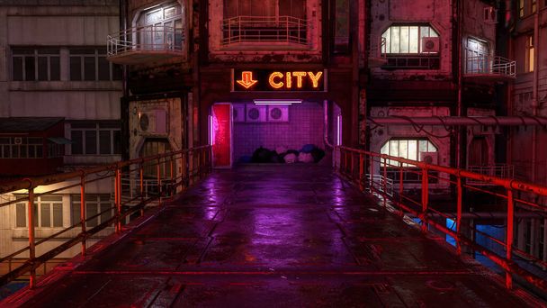 Híd egy futurisztikus disztópikus városban egy esős éjszakán. Cyberpunk koncepció 3D illusztráció. - Fotó, kép