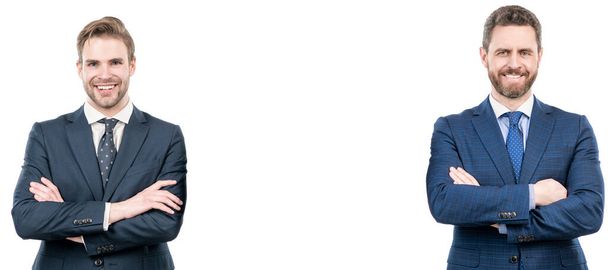 two happy men in suit. businessmen isolated on white. boss and employee. confident business partners. Man face portrait, banner with copy space - Foto, immagini