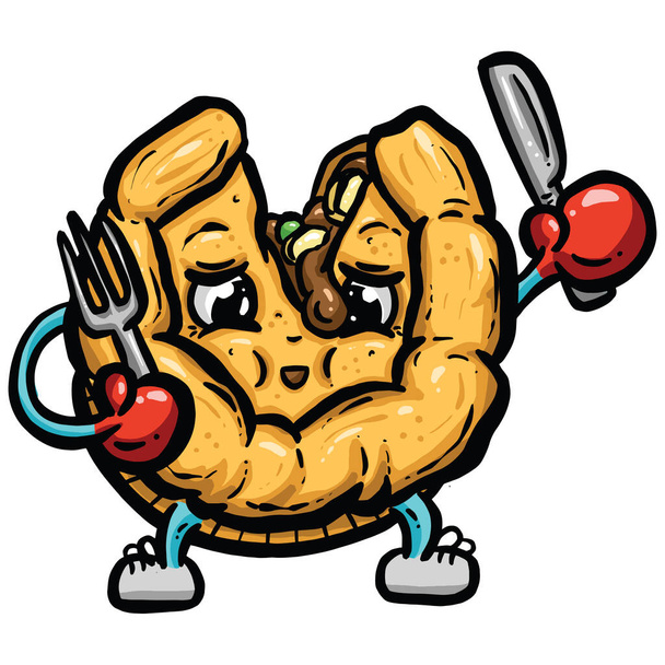 Caractère de tarte au poulet à la viande de bande dessinée avec couteau et fourchette vecteur de logo de bande dessinée avec visage - Vecteur, image