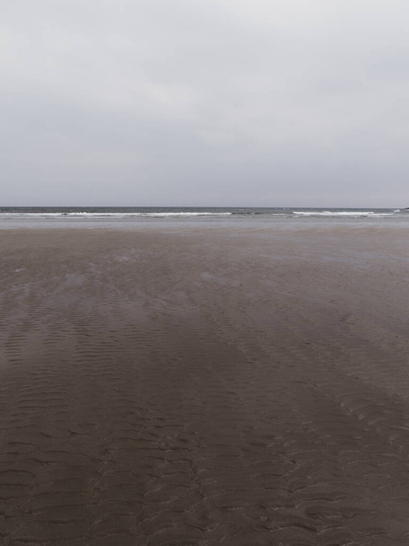 La orilla del mar. Playa húmeda en un día fresco. Paisaje marino minimalista. Clima nublado. - Foto, imagen