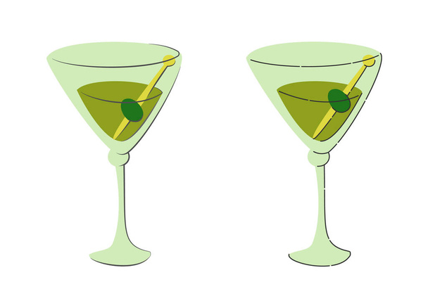 Martini víno sklenice s olivou na bílém pozadí. Grafický návrh kresleného filmu. Plochý. Barevný ručně kreslený obraz. Party drink koncept pro restauraci, kavárnu, párty. Styl kresby volnou rukou - Vektor, obrázek