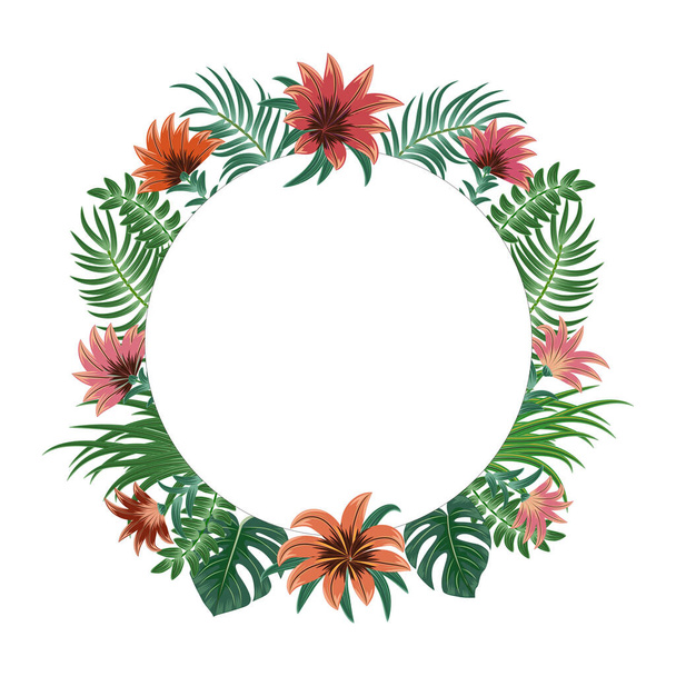 Tropical frame of exotic flowers and palm leaves with copy space for text. For party invitations, wedding cards and sale posters.  Vector illustration. Template design. - Διάνυσμα, εικόνα