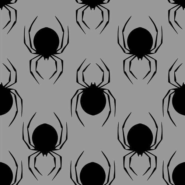 zökkenőmentes kontúr minta grafikus sziluettek fekete pókok szürke háttér, textúra, design - Vektor, kép