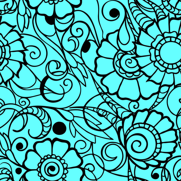 seamless pattern of black contours of flowers on a green background, texture, design - Wektor, obraz