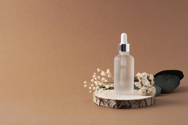 Kosmetikflasche mit Eukalyptus und Holz auf braunem Hintergrund. Nahaufnahme, Kopierraum - Foto, Bild