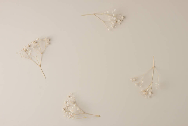 Kosmetischer Hintergrund mit Blumen auf Pastellbeige. Flache Lage, Kopierraum - Foto, Bild