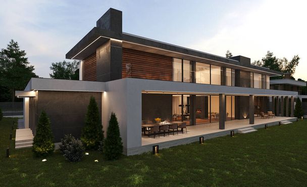 Ház modern stílusban, panorámás ablakokkal és terasszal. 3D vizualizáció. luxus építészet - Fotó, kép