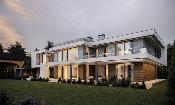 Modernes Haus mit großer Terrasse und Panoramafenstern. Abendliche Beleuchtung der Fassade. 3D Visualisierung des Hauses. Luxusarchitektur - Foto, Bild