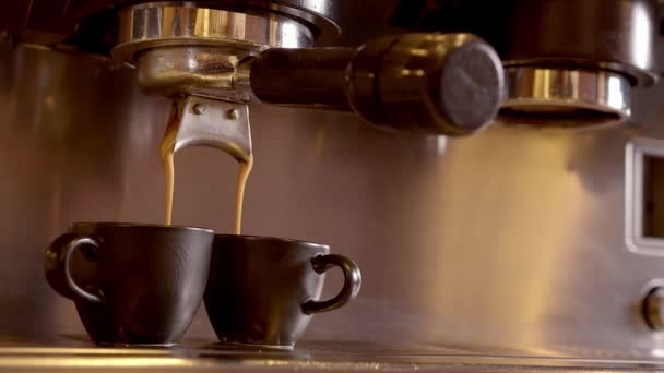 Café expreso que se vierte de la máquina de café expreso. Haciendo café fresco saliendo de una máquina de café. De cerca. Tiro profesional en resolución 4K. - Metraje, vídeo