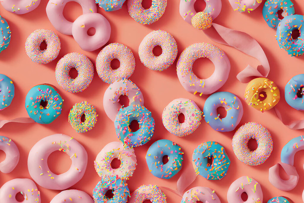 Donuts in rows of colors and tasty flavors. creative background of sweets and candies, colorful and delicious desserts - Photo, Image