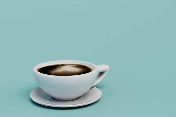 a cup of coffee on a turquoise background. copy paste, copy space. 3D render. - Photo, Image