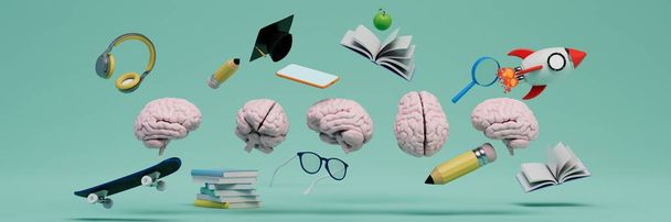 Eğitim konsepti. Beyin, kulaklık, gözlük, kitap, usta şapkası, turkuaz arka planda paten. 3 Boyutlu Hazırlama. - Fotoğraf, Görsel