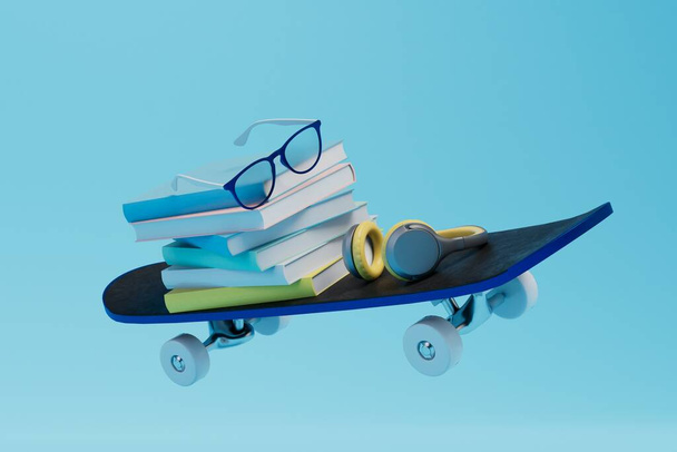 concepto de aprendizaje. libros, gafas, auriculares en un monopatín sobre un fondo azul. Renderizado 3D. - Foto, imagen