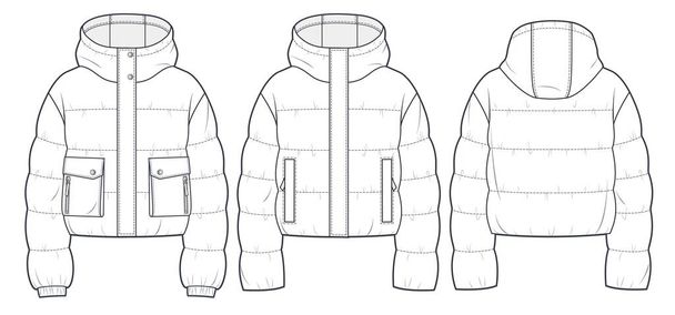 Κουκούλα Puffer Jacket τεχνική απεικόνιση μόδας. Crop Down Jacket τεχνικό πρότυπο σχεδίασης, μακρύ μανίκι, τσέπη, μπροστινή και πίσω όψη, λευκό, γυναίκες, άνδρες, unisex CAD mockup set. - Διάνυσμα, εικόνα