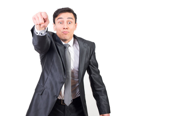 Confident male leader pointing with finger manager fulfillment task standing against white background - Photo, Image