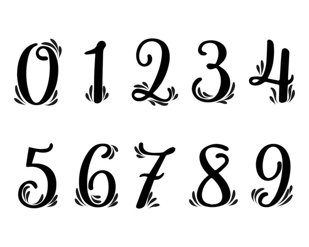 Čísla od 0 do 9, sada ručně kreslených čísel zdobené listy. Ilustrace, ikony, šablona, vektor - Vektor, obrázek