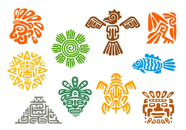 Mayan Aztec totems, Mexican tribal vector symbols of sacred animals and birds. Maya or Mexico Inca tribe totem signs of sun, fish, turtle or pyramid and deity mask, ethnic Aztec tribal symbols - Vector, Image
