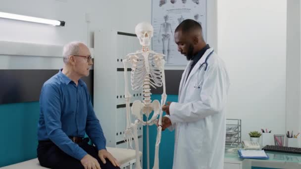 Health specialist analyzing human skeleton bones in cabinet, explaining osteopathy diagnosis to elderly patient. Osteopath examining orthopedic anatomy spinal cord at medical appointment. - Materiaali, video