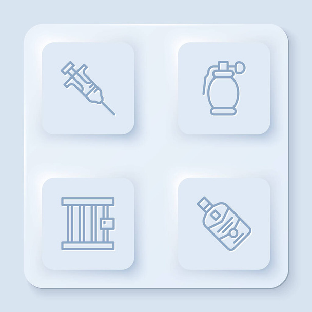Set line Syringe, Hand grenade, Prison window and Whiskey bottle. White square button. Vector. - Vector, Image