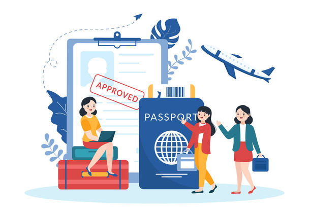 Modello di immigrazione disegnato a mano fumetto piatto Illustrazione del documento con visto e passaporto per il trasferimento in un altro paese - Vettoriali, immagini