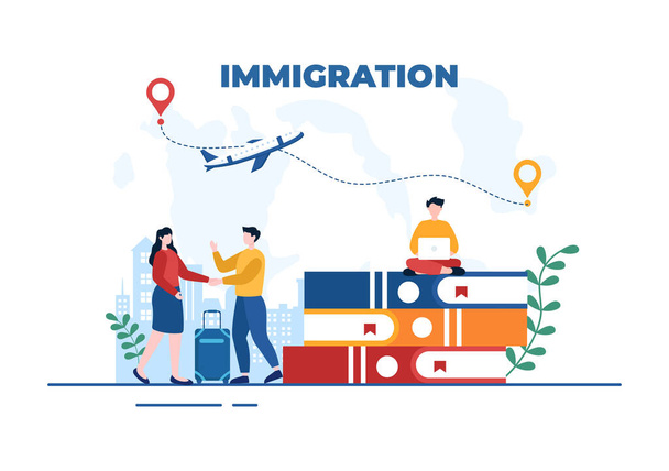 Einwanderung Vorlage handgezeichnete Karikatur flache Illustration des Dokuments mit Visum und Pass für den Umzug in ein anderes Land - Vektor, Bild