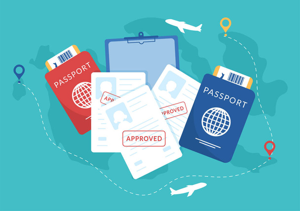 移民テンプレート手描き漫画別の国に移動するためのビザとパスポートを持つ文書のフラットイラスト - ベクター画像