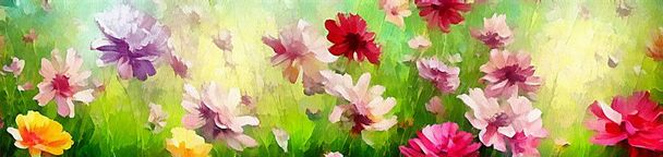 Horizontale banner voor website ontwerp, digitale tekening van mooie bloemen in de schilderkunst op papier stijl - Foto, afbeelding