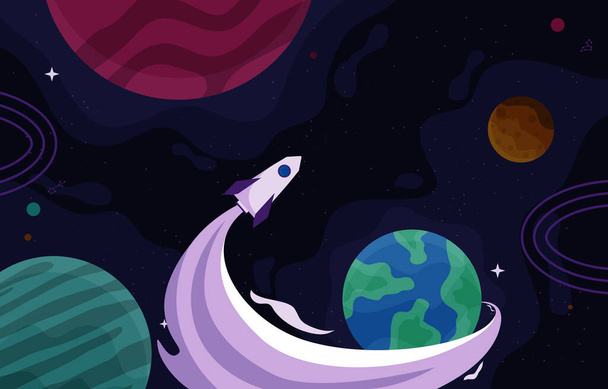 Rocket Outer Space Craft Planet Stars Illustration d'aventure - Vecteur, image