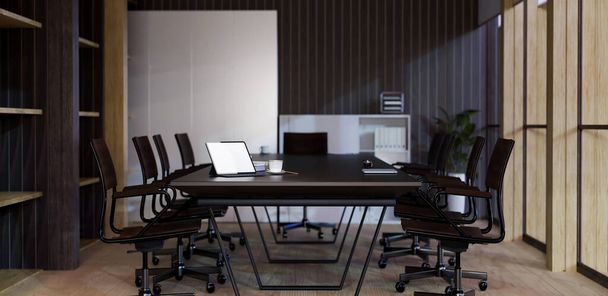 Moderní moderní firemní design zasedacích místností s moderním konferenčním stolem, židlemi a kancelářskými potřebami. 3D vykreslování, 3D ilustrace - Fotografie, Obrázek