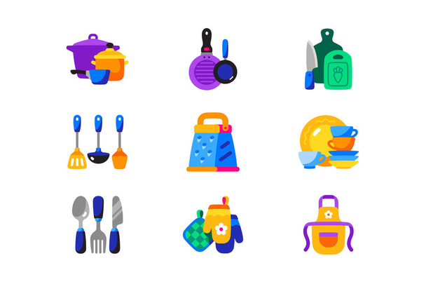 Иконки кухонных принадлежностей устанавливают векторную иллюстрацию. Кухонные принадлежности и оборудование, посуда и столовые приборы для приготовления блюд в плоском стиле - Вектор,изображение