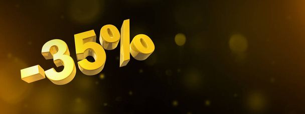 35% off discount. Offer sale. 3D illustration isolated on black. Horizontal banner. Gold numbers and flares - Foto, Imagem