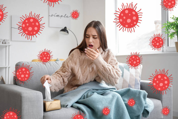 家で若い女性を咳。コロナウイルス流行の概念 - 写真・画像
