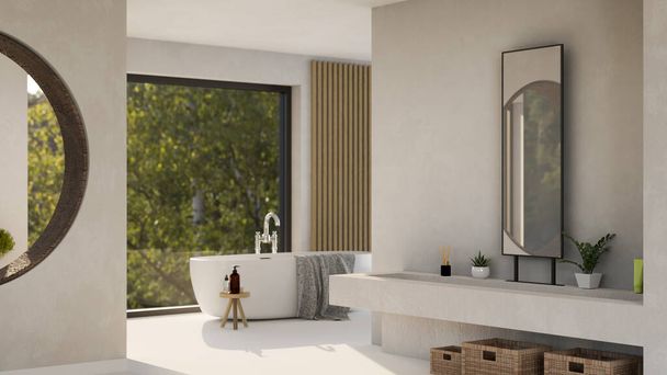 Nowoczesny nowoczesny poddasze przestronna łazienka z wanną luksusowe, stylowy umywalka poddasze, lustro, duże szklane okno ściany i wystrój. 3d renderowanie, ilustracja 3D - Zdjęcie, obraz