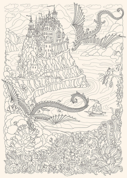 Paysage fantastique. Conte de fées dragons volants, château sur une colline dans les montagnes, baie de fjord de mer, forêt de pixies, roseraie, lis. Coloriage livre page - Vecteur, image