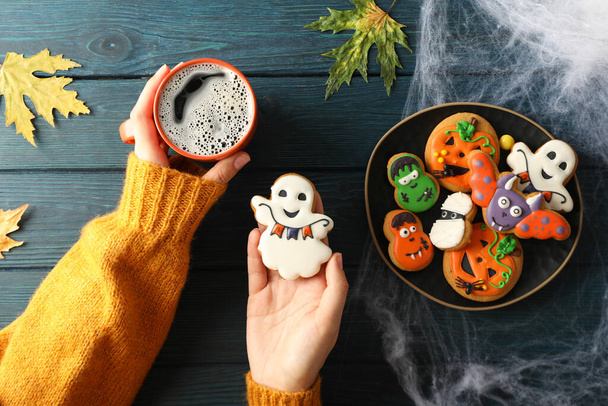 Concept of Halloween sweets, funny sweets, top view - 写真・画像