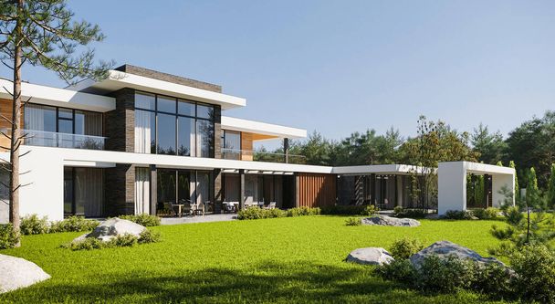 Modern bir villanın güzel manzaralı geniş bir arazide 3D görüntüsü. Teraslı ve panoramik pencereli bir ev. - Fotoğraf, Görsel