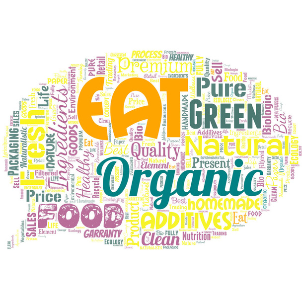 Big word cloud in the shape of speech bubble with words eat organic. - Vector, Image