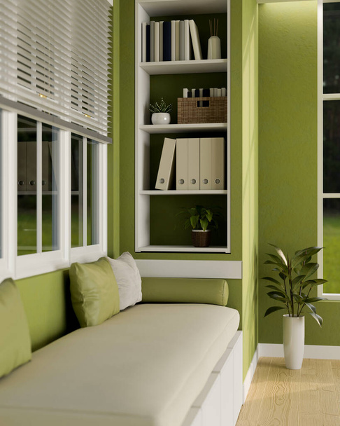 Nowoczesny zielony salon wystrój wnętrz z wygodną sofą, półki z wystrojem, wewnętrzne spodnie i okna z roletami. 3d renderowanie, ilustracja 3D - Zdjęcie, obraz