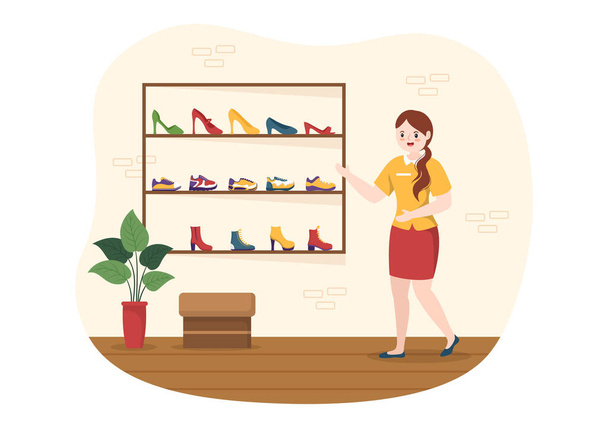 Магазин обуви с новой коллекцией Мужчины или женщины Различные модели или цвета кроссовок и высоких каблуков в плоской иллюстрации мультипликационных ручных шаблонов - Вектор,изображение