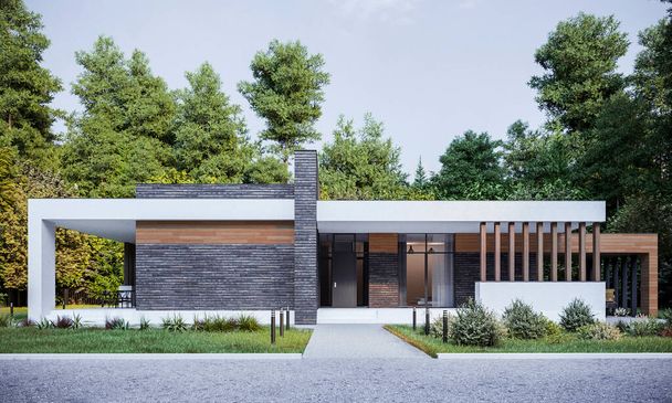 Современный дом с террасой и навесом. 3D визуализация. Внешний вид дома. Фасад дома в современном стиле. - Фото, изображение
