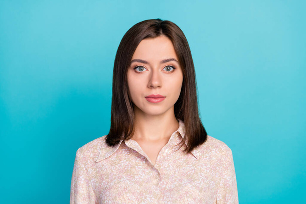 Close up photo of pretty young lady serious face responsible manager wear trendy smart casual outfit isolated on cyan color background. - Foto, immagini