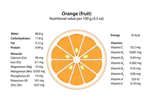 Sinaasappel (vruchten). Voedingswaarde per 100 g (3,5 oz). - Vector, afbeelding