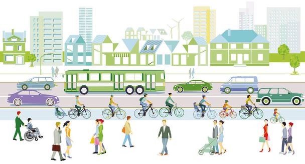 Lähiö jalankulkijoiden ja pyöräilijöiden kanssa jalkakäytävällä liikenteen kanssa, kuva - Vektori, kuva