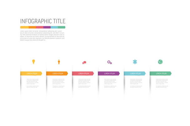 Luz multiúso Infográfico de seis elementos com marcadores de attow coloridos e ícones no fundo branco. Infográfico minimalista simples com seis seções e descrições - Vetor, Imagem