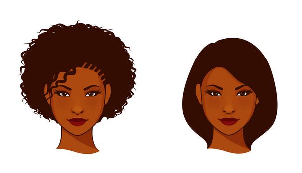 hermosa mujer afroamericana con cabello natural o alisado. Chica negra atractiva, detalle de la cara. Ilustración de moda estilizada. - Vector, imagen