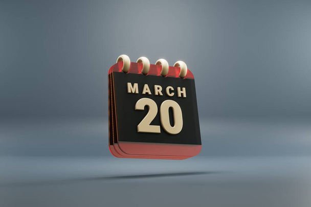 Standing black and red month lined desk calendar with date March 20. Modern design with golden elements, 3d rendering illustration. Blue gray background.	 - 写真・画像