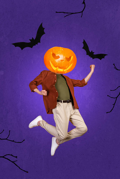Vertical collage image of delighted guy carved pumpkin instead head jumping raise fists success flying bats isolated on drawing background. - Photo, Image