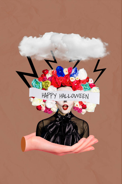 Vertical collage picture of big arm palm hold mexican girl happy halloween text painted thunder clouds lightning isolated on drawing background. - 写真・画像