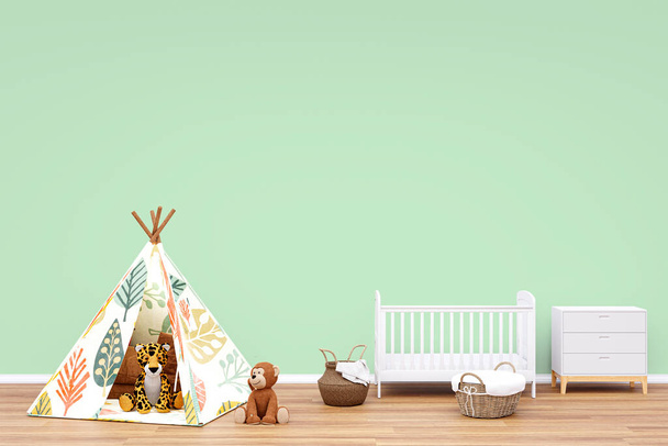 3d renderizado ilustración de una sala de vivero con animales de juguete y jugar tipi. - Foto, imagen